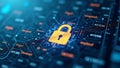 A close-up of a blockchain ledger with a digital lock icon, symbolizing data security, transaction protection, and trust in