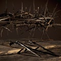 Close up bloody nails and crown of thorns as symbol of passion of Jesus Christ. Selective focus on nails Royalty Free Stock Photo