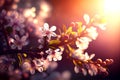 Close-up of blooming almond tree buds. Prunus triloba. Solar flare and bokeh. Ai generative