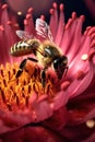 close-up of a blooming flower with a bee gathering pollen