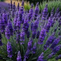 Close up of blooming flowerbeds of amazing lavender purple flowers on dark moody floral ured Photorealistic