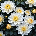 Close up of blooming flowerbeds of amazing white and golden flowers on dark moody floral ured Photorealistic