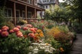 close-up of blooming garden, with view of cozy patio in the background