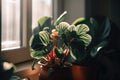 close-up of a blooming indoor plant, with sunlight filtering through the window