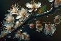 close-up of blooming tree branch, with delicate petals and shiny pollen