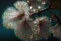 close-up of blooming tree branch, with delicate petals and shiny pollen