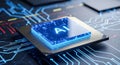 Close up blue artificial intelligence AI microchip processor on circuit board futuristic technology innovation computer science Royalty Free Stock Photo