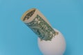 Close up on a blue background, dollar bill in eggshell Royalty Free Stock Photo