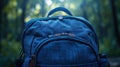 A close up of a blue backpack sitting on the ground, AI Royalty Free Stock Photo