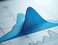 Close up of blue bell curve graph chart data. Visual concept of statistics probability distribution and math analysis. Business Royalty Free Stock Photo