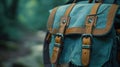 A close up of a blue and brown backpack with straps, AI