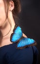 Close-up of a blue butterfly on a young girl& x27;s shoulder on a dark background. The concept fragility of nature