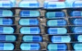 Close up blue capsules blister packaging background