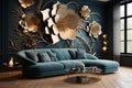 Close up of a blue chaise lounge in front of a wall with large white and golden flowers