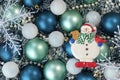 Close up of blue Christmas balls with snowman and snowflakes. Christmas background. New Year concept Royalty Free Stock Photo