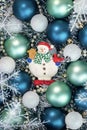 Close up of blue Christmas balls with snowman and snowflakes. Christmas background. New Year concept Royalty Free Stock Photo