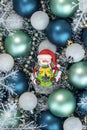 Close up of blue Christmas balls with snowman and snowflakes. Christmas background. New Year or Xmas concept Royalty Free Stock Photo