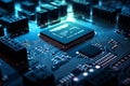 Close-up of a blue circuit board with a central microchip processor
