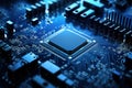 Close-up of a blue circuit board with a central microchip processor