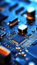 Close Up of Blue Circuit Board with Electronic Components and Microchips in Modern Technology Design Royalty Free Stock Photo