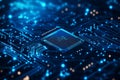 blue circuit board with a glowing central processor