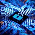 Close-up of a blue circuit board with a secure padlock symbolizing cybersecurity and data protection in a digital world