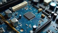 Close up of blue computer motherboard. Details of electronic circuit microchips. Motherboard component part with transistors. It Royalty Free Stock Photo