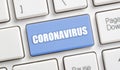 Close up blue coronavirus key on white color keyboard