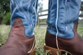 Close up of blue cowboy boots outside