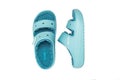 Close-up of blue Crocs sandals. Isolated on white background. View from above Royalty Free Stock Photo