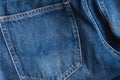 Close Up of Blue Denim Jean Texture with Back Pocket Detail. Close up of blue jeans cloth