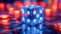 Close up of blue dice on a reflective surface with bokeh background Royalty Free Stock Photo
