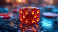 Close up of blue dice on a reflective surface with bokeh background Royalty Free Stock Photo