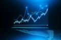 Close up of digital hand holding smartphone with creative candlestick forex graph on grid. Dark blue background. Toned image Royalty Free Stock Photo