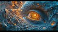A close up of a blue dragon with an eye that is glowing, AI
