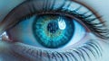 Close-up of a blue eye with digital data reflected in the iris, representing technology and vision Royalty Free Stock Photo