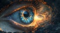 A close up of a blue eye with fire coming out the back, AI Royalty Free Stock Photo