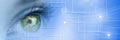 Close up of blue eye with green iris and blue smart tech transition Royalty Free Stock Photo