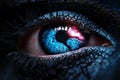Close-up of a blue eye with intricate details and vibrant colors, showcasing an intense and mesmerizing gaze