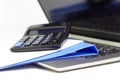 Close Up Blue file folder and Laptop Computer on desk in meeting room Royalty Free Stock Photo