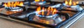 Close up of blue fire from domestic kitchen stove top with propane gas flames and copy space Royalty Free Stock Photo