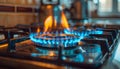 Close-up of a blue fire on a home kitchen stove. Gas stove with burning propane flame Royalty Free Stock Photo