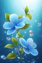 Close-up blue flower with bubles air and delicate leaves petals, lights, walpaper, 8k