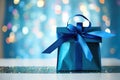 close-up of blue gift bag with tissue paper peeking out Royalty Free Stock Photo