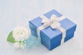 Blue gift box with silver ribbon bow and Jasmine flower Royalty Free Stock Photo