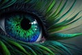 a close up of a blue and green eye with long green feathers on it\'s iris, with a black background and a white eye with a bl Royalty Free Stock Photo