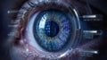 Close up of blue human eye with digital data overlay and binary code pupil Royalty Free Stock Photo