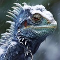 Close up of a blue iguana head in the snow on a blurred background