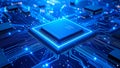 Close-up of a blue illuminated computer processor chip and circuit board for technology concepts Royalty Free Stock Photo