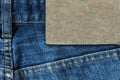 Close up blue jeans denim fabric texture background with Leather Plate copy space Royalty Free Stock Photo